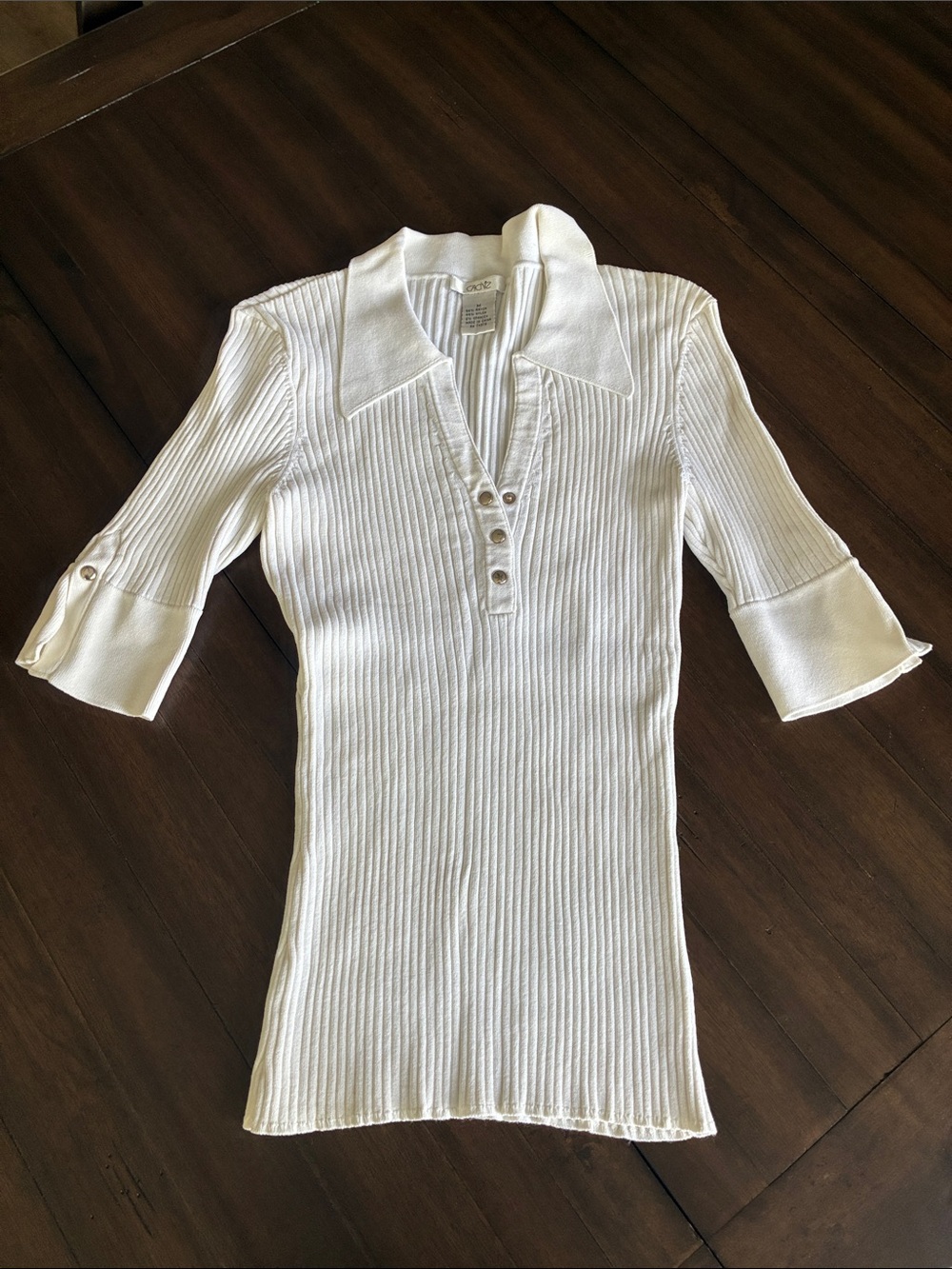Cache White Ribbed Polo Knit Top with Button Placket